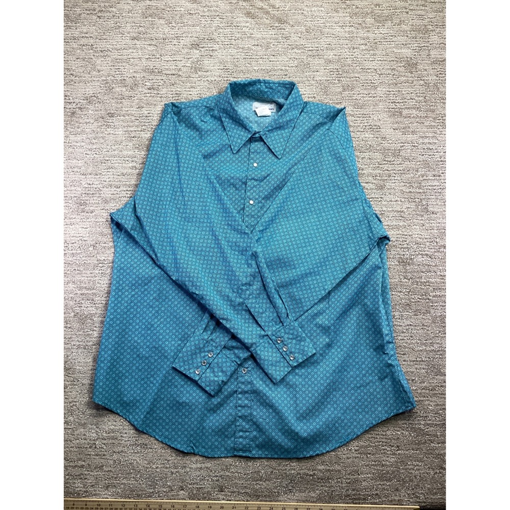 Wrangler Wrancher Mens XXL Teal Blue Geometric Pearl Snap Western Shirt MTW1441